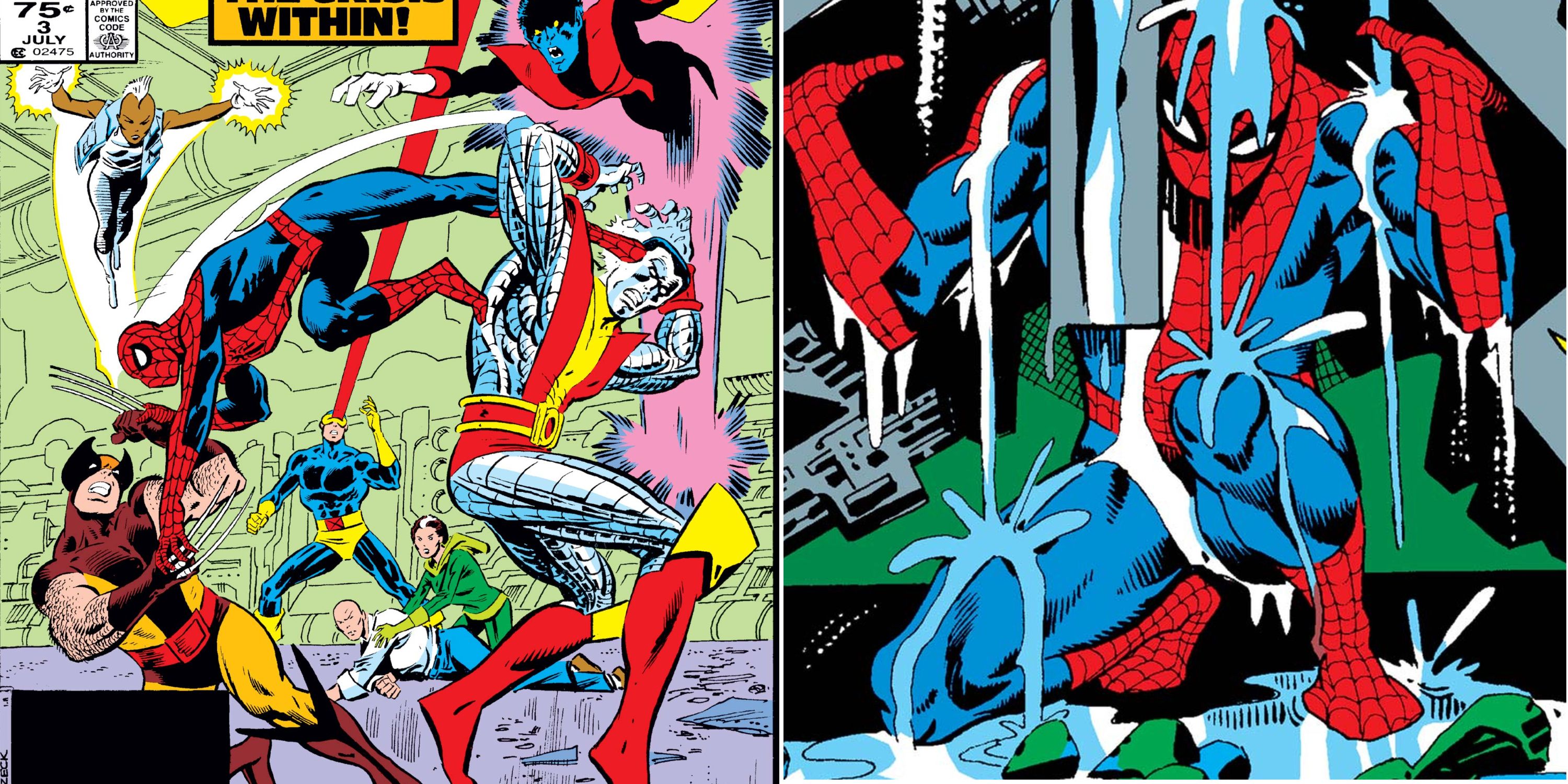 split image: Spider-Man battles the X-Men in Secret Wars and lifts a pile of rubble in If This Be My Destiny