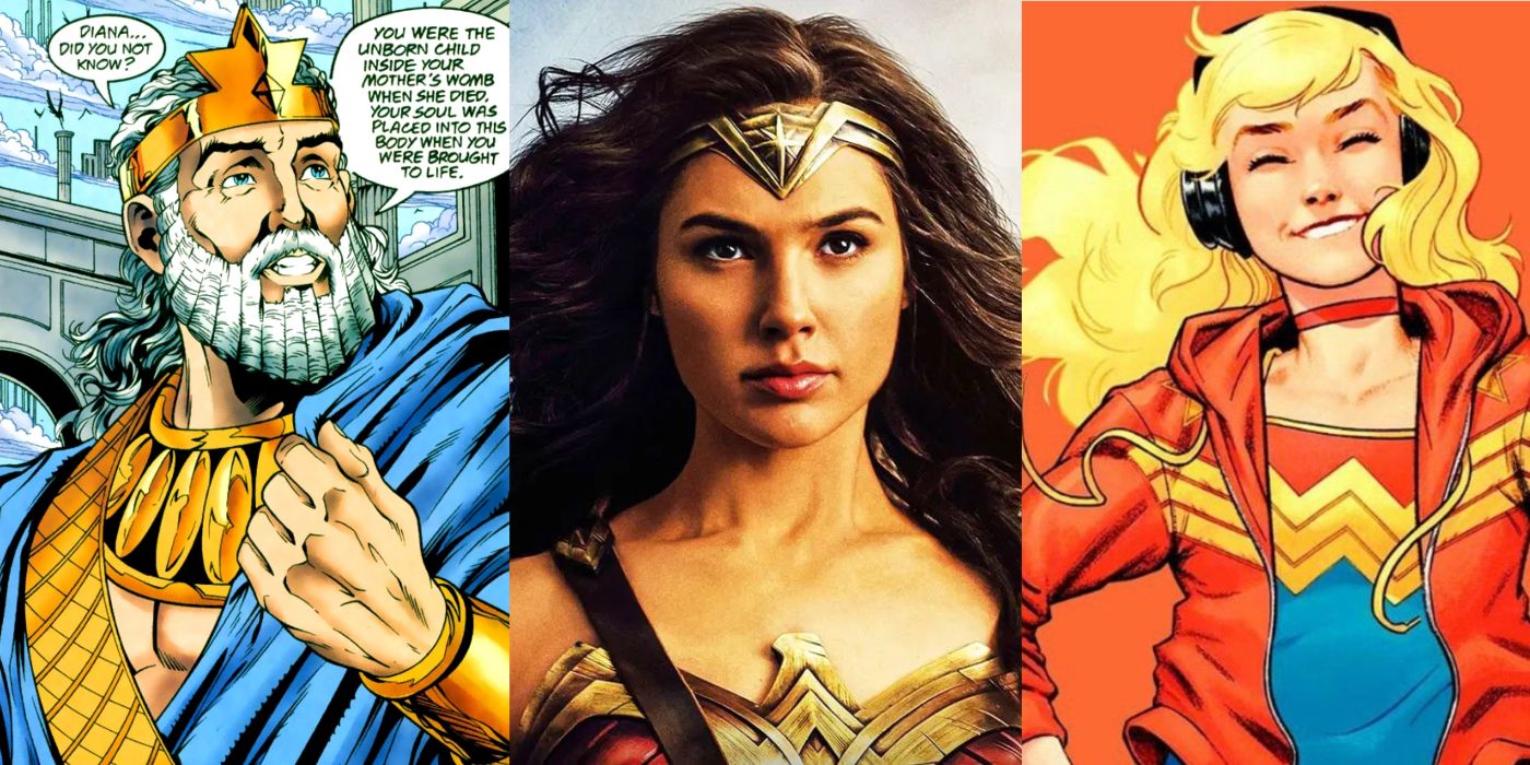 split image: Zeus stands defiantly, Wonder Woman gives a determined glance, and Cassie/Wonder Girl happily listens to music.