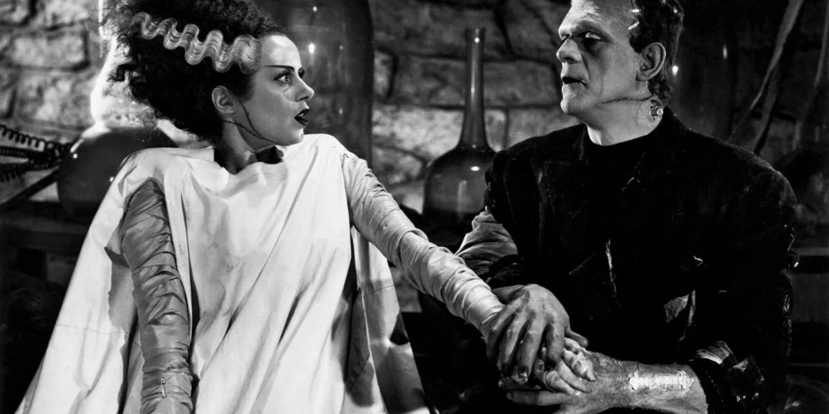 A noiva (Esla Lanchester) encontra o monstro (Boris Karloff) na noiva de Frankenstein.