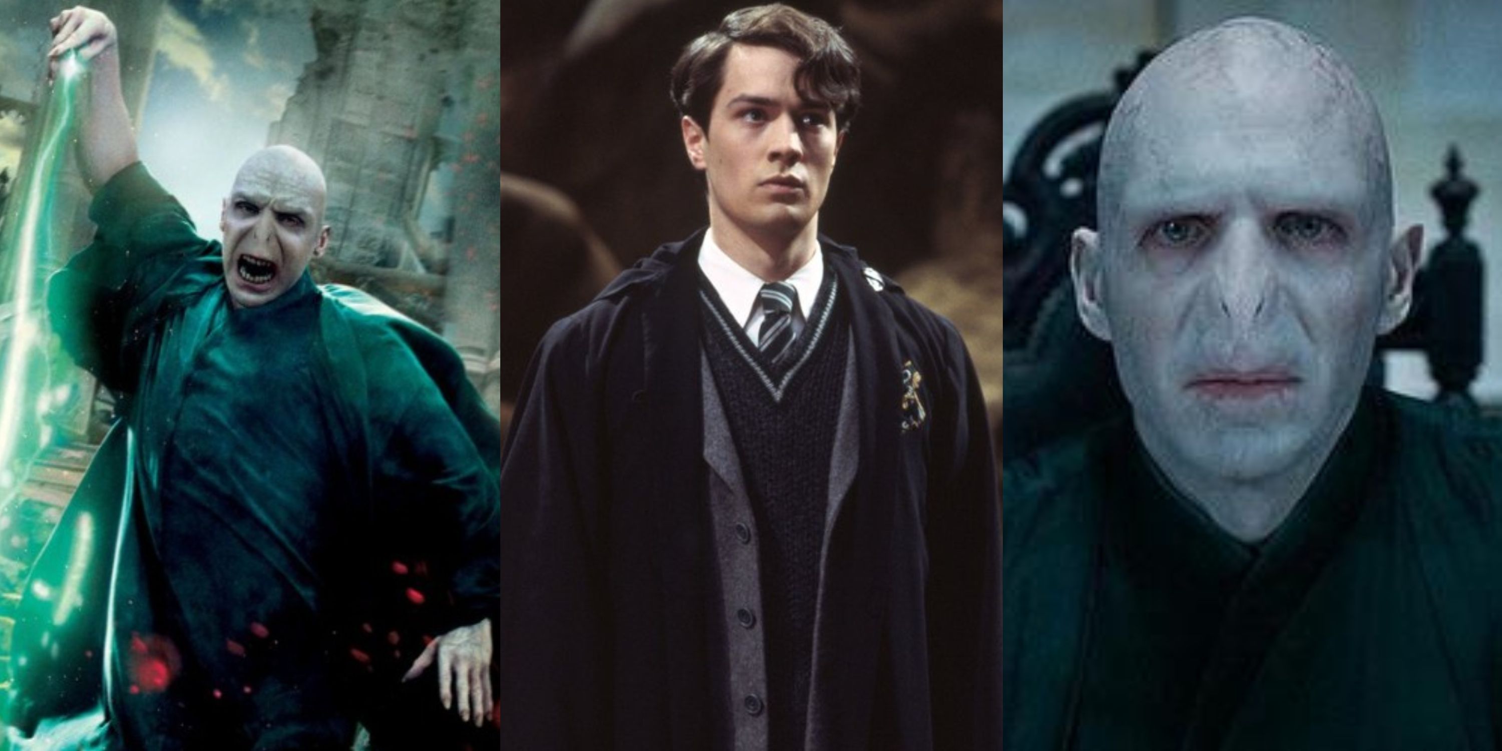 Split image of Voldemort firing a curse with his raised wand, a young Tom Riddle looking right, and Voldemort sitting looking straight ahead