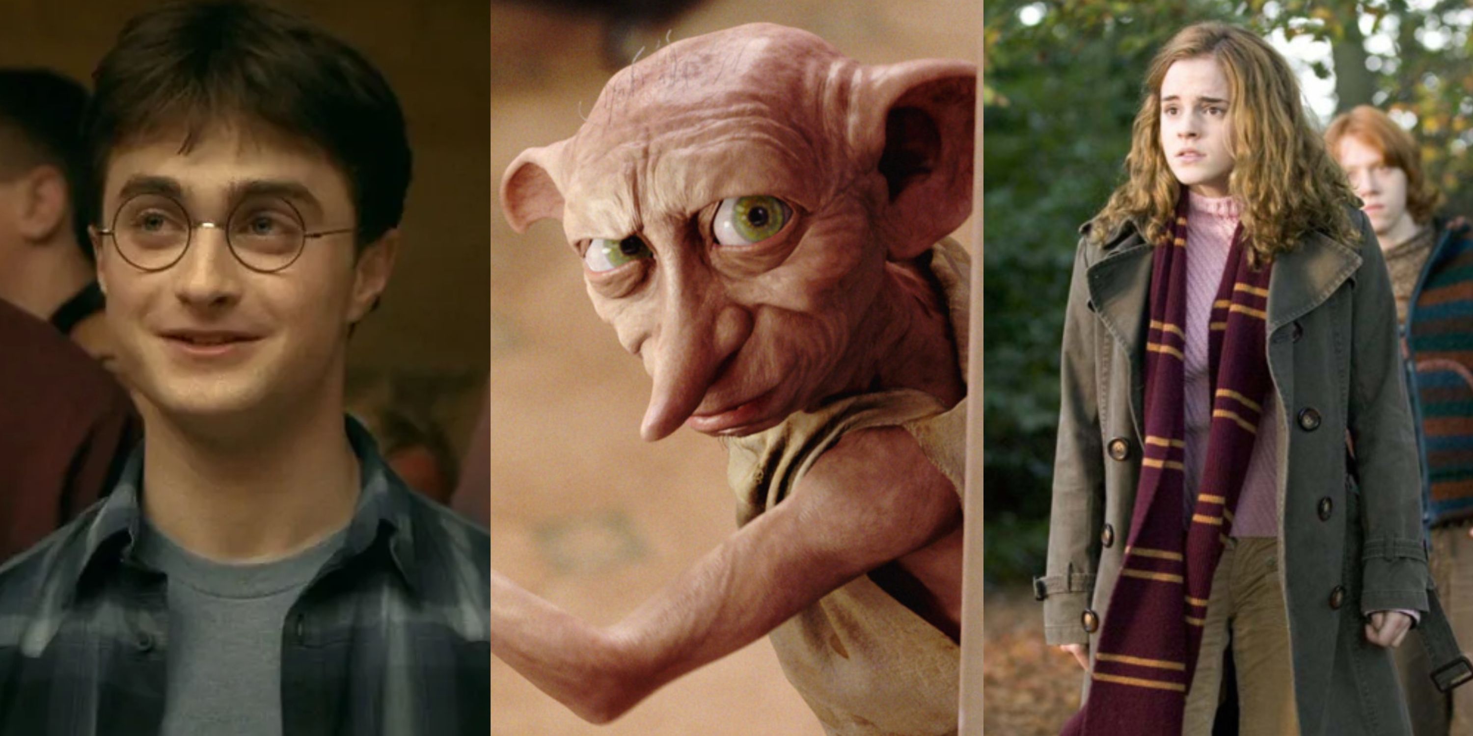 Split image of Harry smiling, Dobby looking serious with arm raised, and Hermione standing outside with Ron behind her