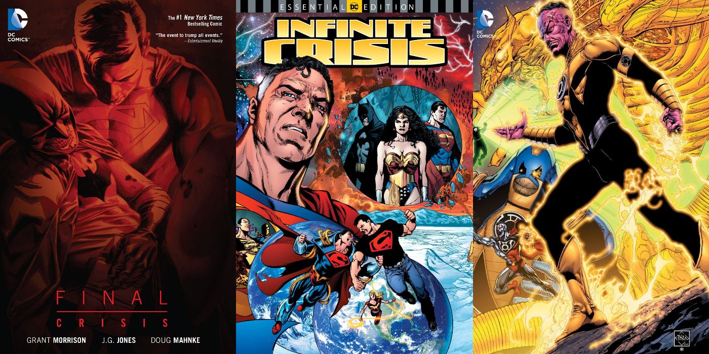 A split image of covers from Final Crisis, Infinite Crisis, and The Sinestro Corps War