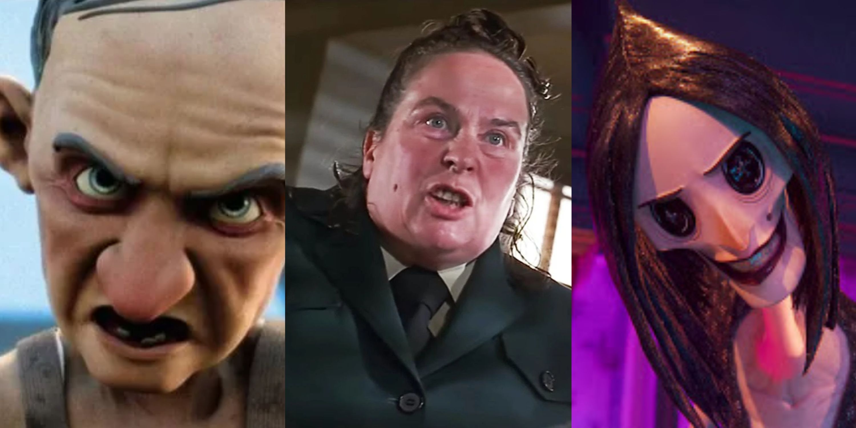 Split image of Mr. Nebbercracker scowling, Ms. Trunchbull yelling, and the Other Mother smiling creepily