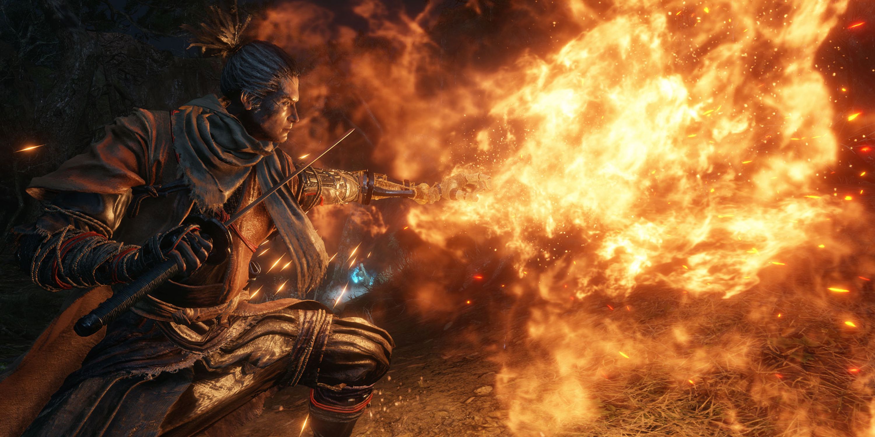 O Lobo usando sua habilidade Flame Vent em Sekiro: Shadows Die Twice