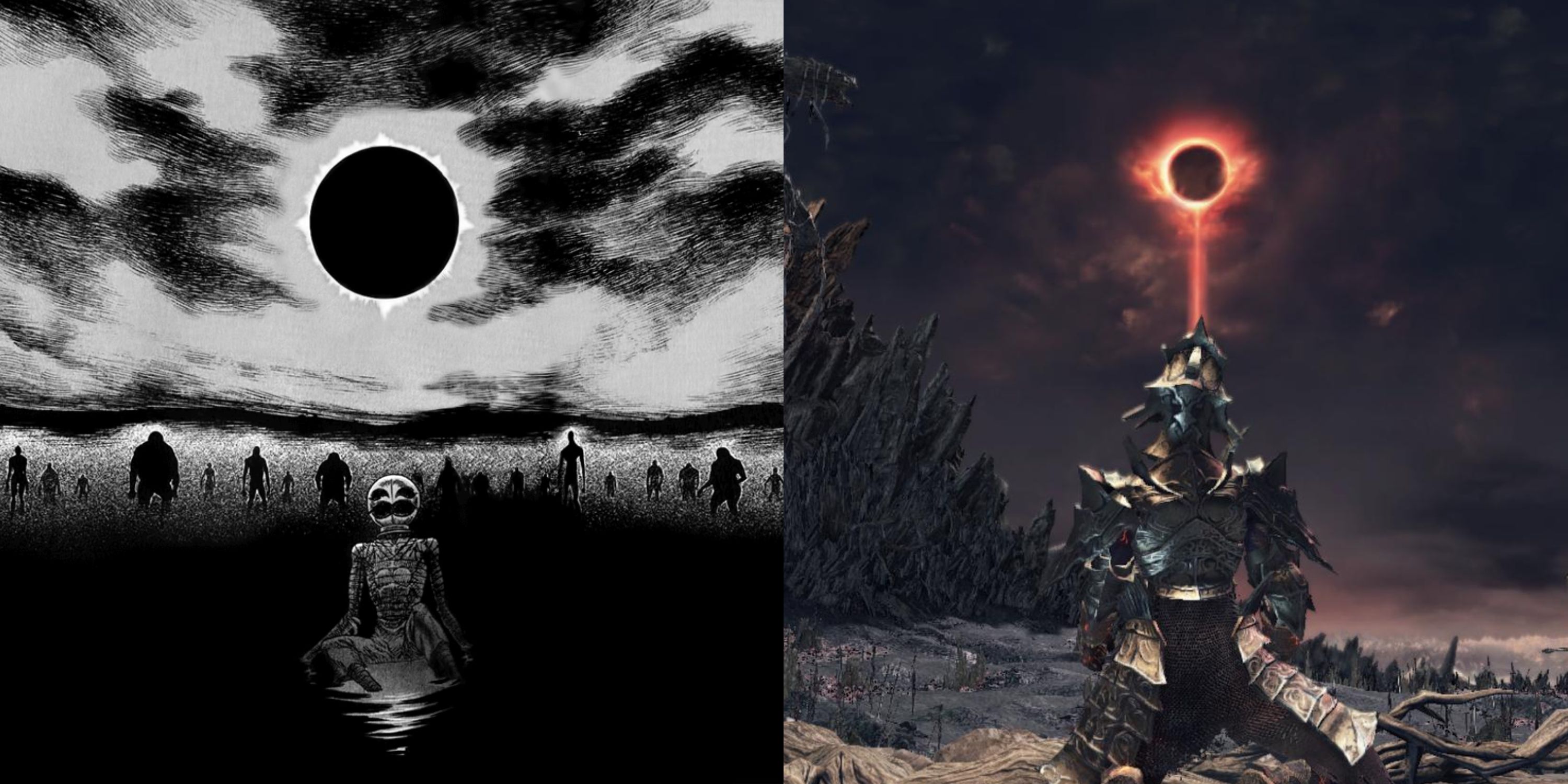 Berserk's Griffith succumbing to his anguish and ushering in the Eclipse opposite Dark Souls 3's Unkindled Ash in Soul of Cinder arena