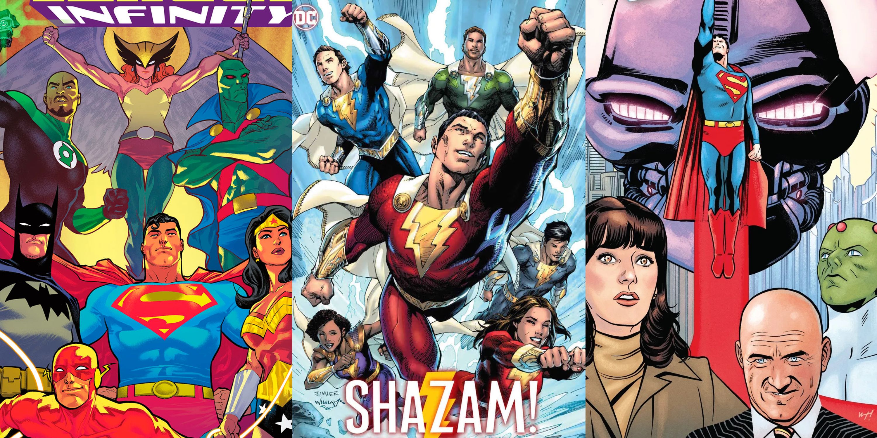Split image Justice League Infinity, Shazam family in Fury of Gods tie-in comic, Superman 78 cover with Lois Lane, Lex Luthor and Brainiac