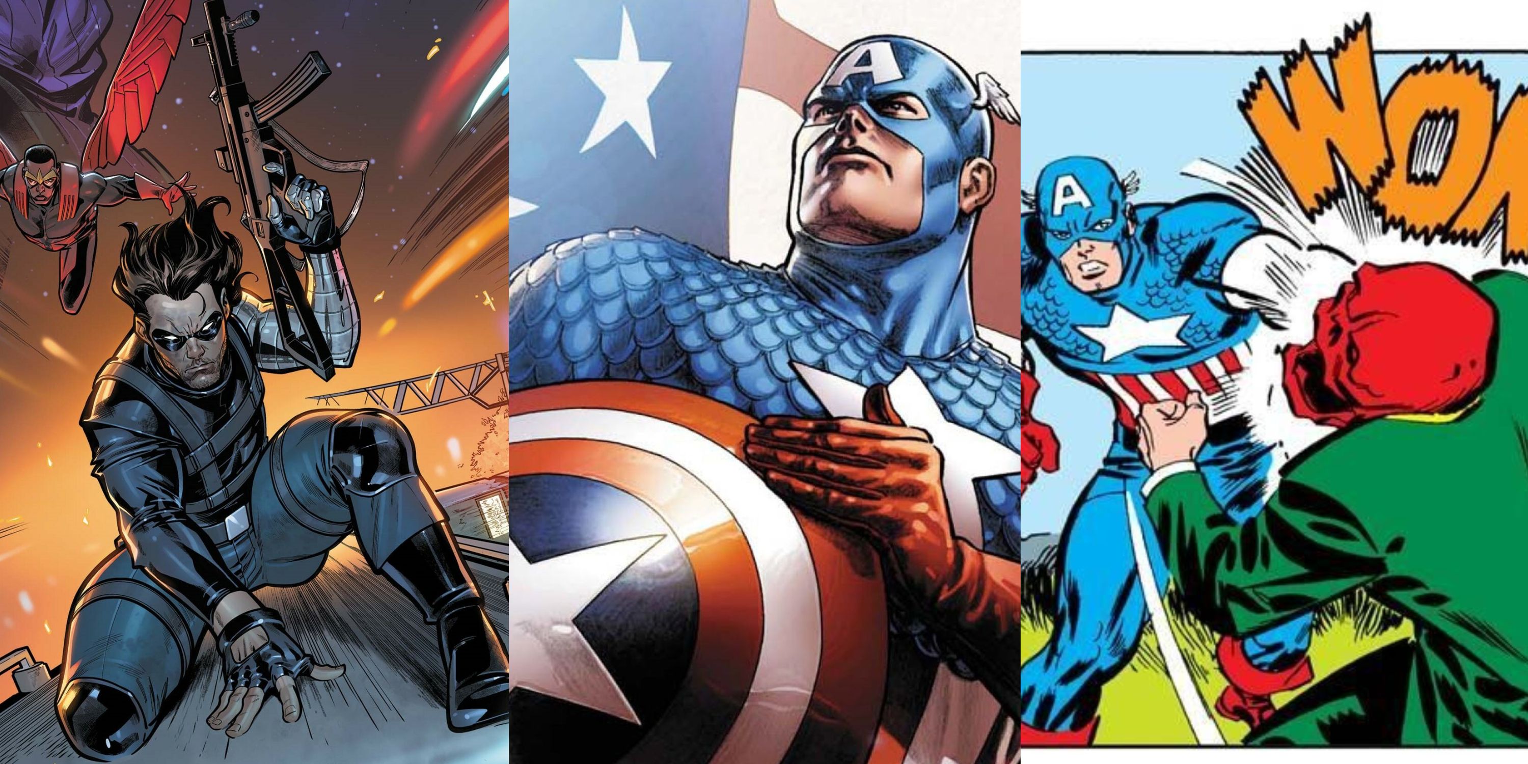 Split image of Falcon and Winter Soldier, Captain America with his shield, and Captain America punching the Red Skull
