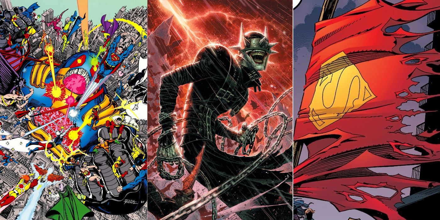 A split image of the Anti-Monitor, the Batman Who Laughs, and the death of Superman from DC Comics
