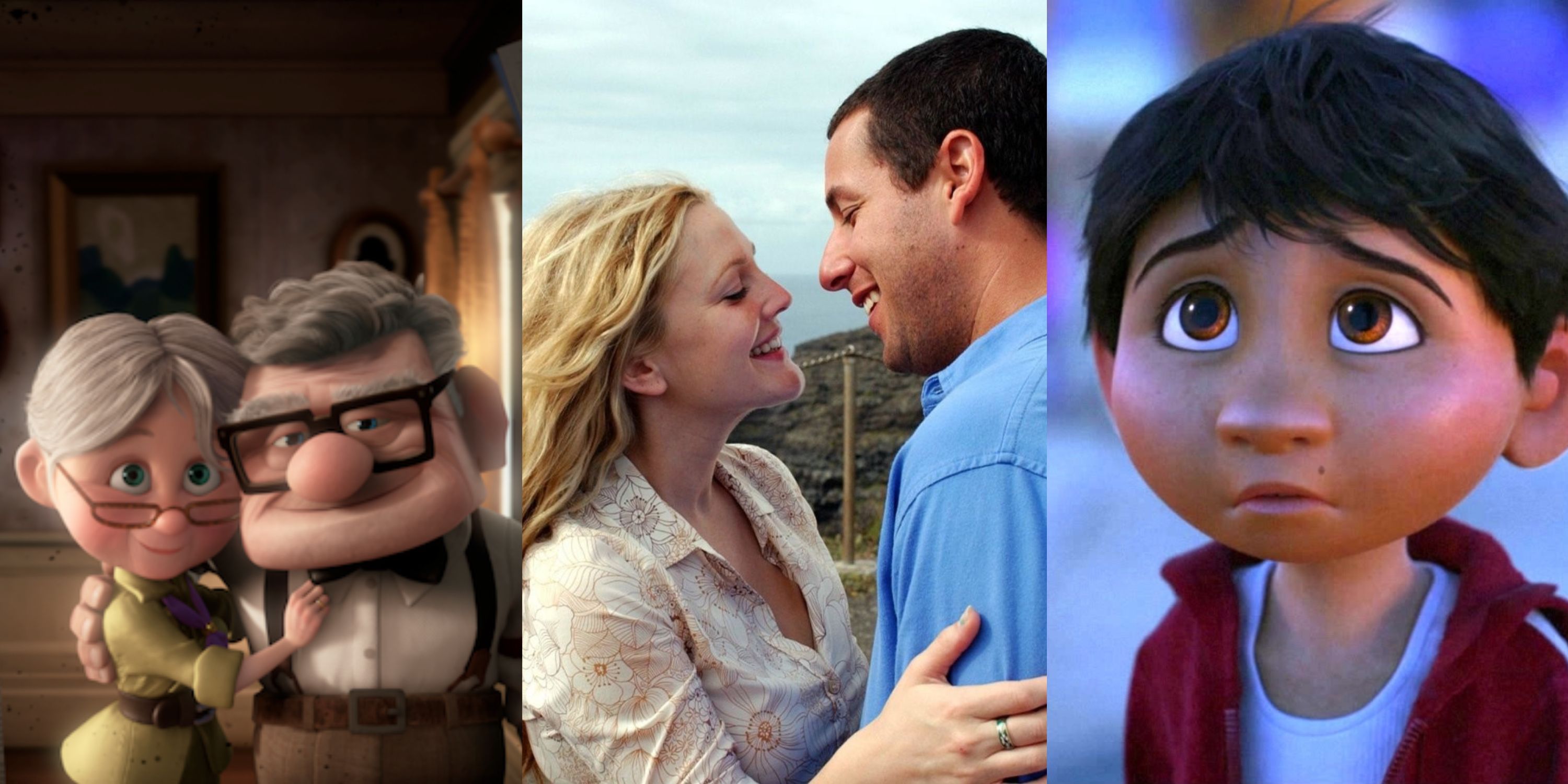 Split image of Ellie and Carl smiling while hugging, Henry and Lucy smiling at each other, and Miguel looking up sadly
