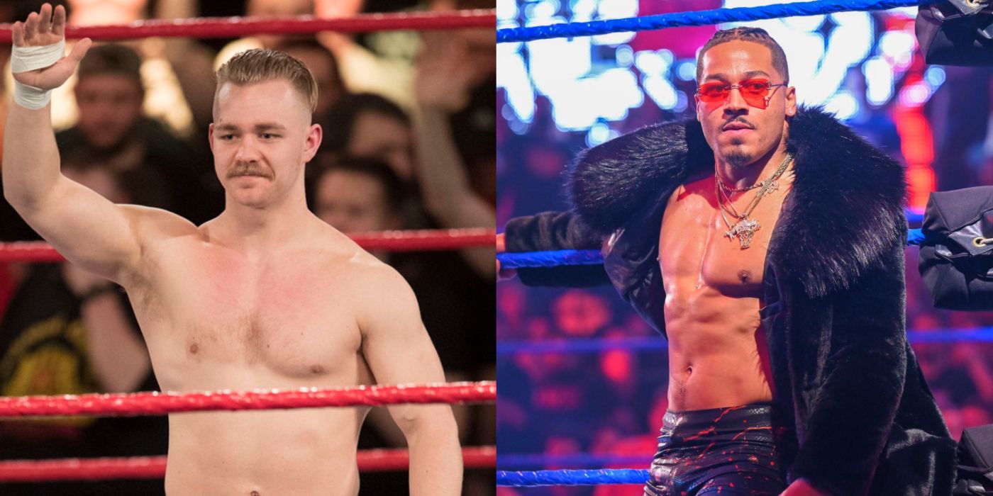 Split Image Tyler Bate and Carmello Hayes in the ring