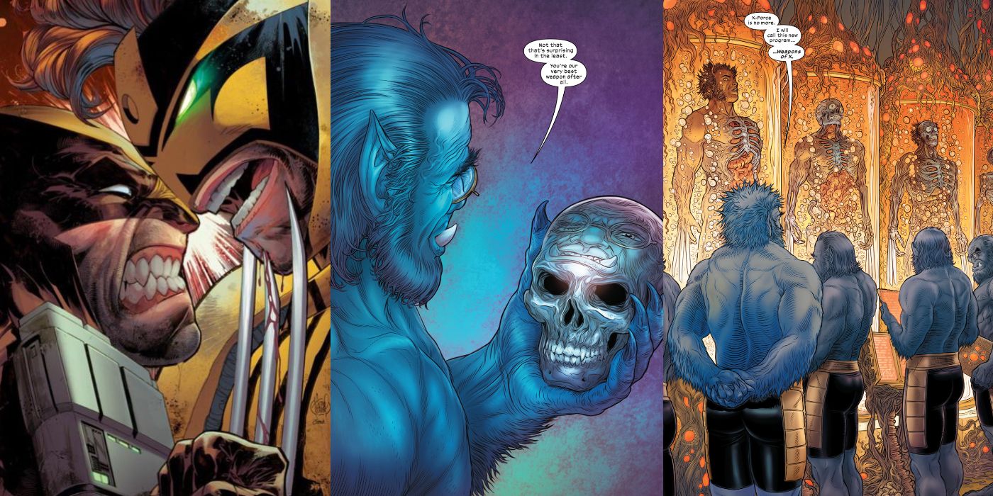 A split image of Wolverine and Maverick having a stand off, Beast holding Wolverine's adamantium skull, and Beasts overseeing the Weapons Of X from Marvel Comics
