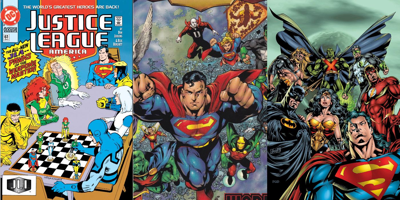 A split image of the Justice League America, Justice League of Earth, JLA's Pantheon League from DC Comics