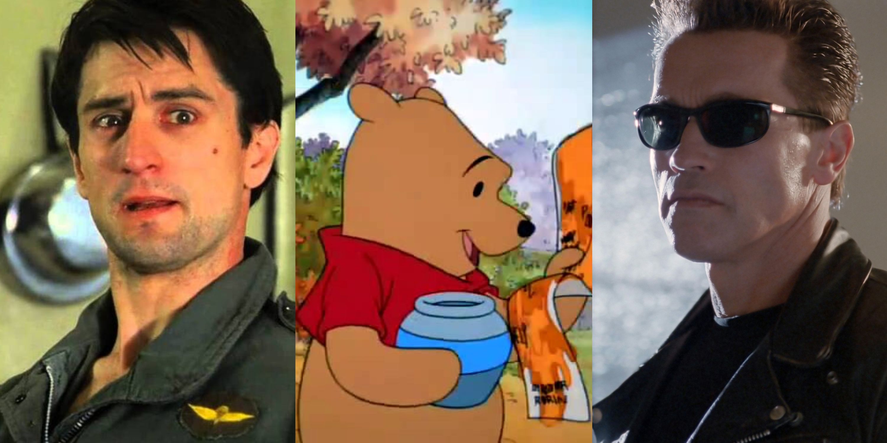 Split image of Robert De Niro in taxi driver uniform looking at screen shocked, Winnie the Pooh holding honey and a honey-filled piece of paper, and the Terminator wearing glasses