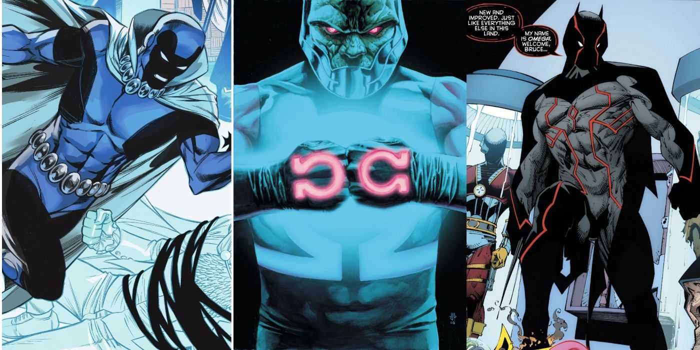 A split image of Obsidian, Darkseid, and Omega from Batman: Last Knight On Earth from DC Comics