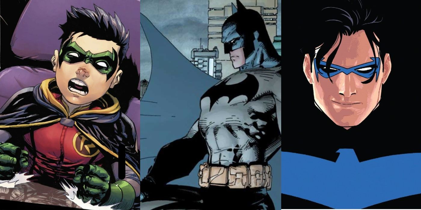 A split image of Damian Wayne, Batman, and Nightwing from DC Comics