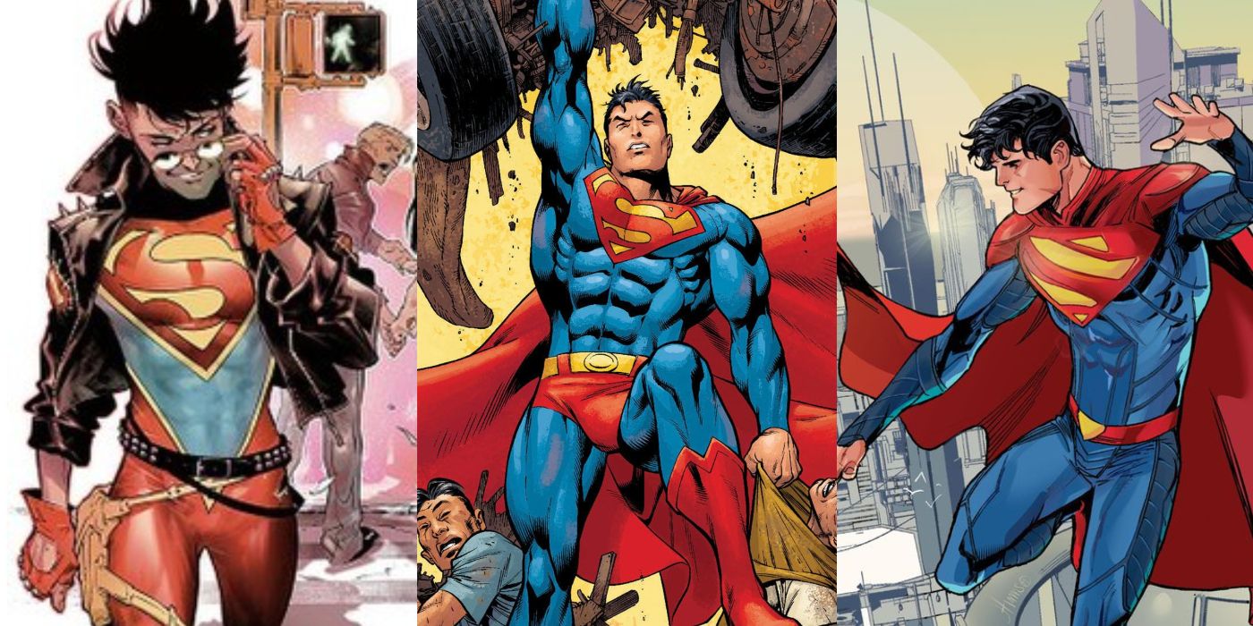 A split image of Conner Kent as Superboy, Superman, and Jon Kent flying as the new Superman From DC Comics