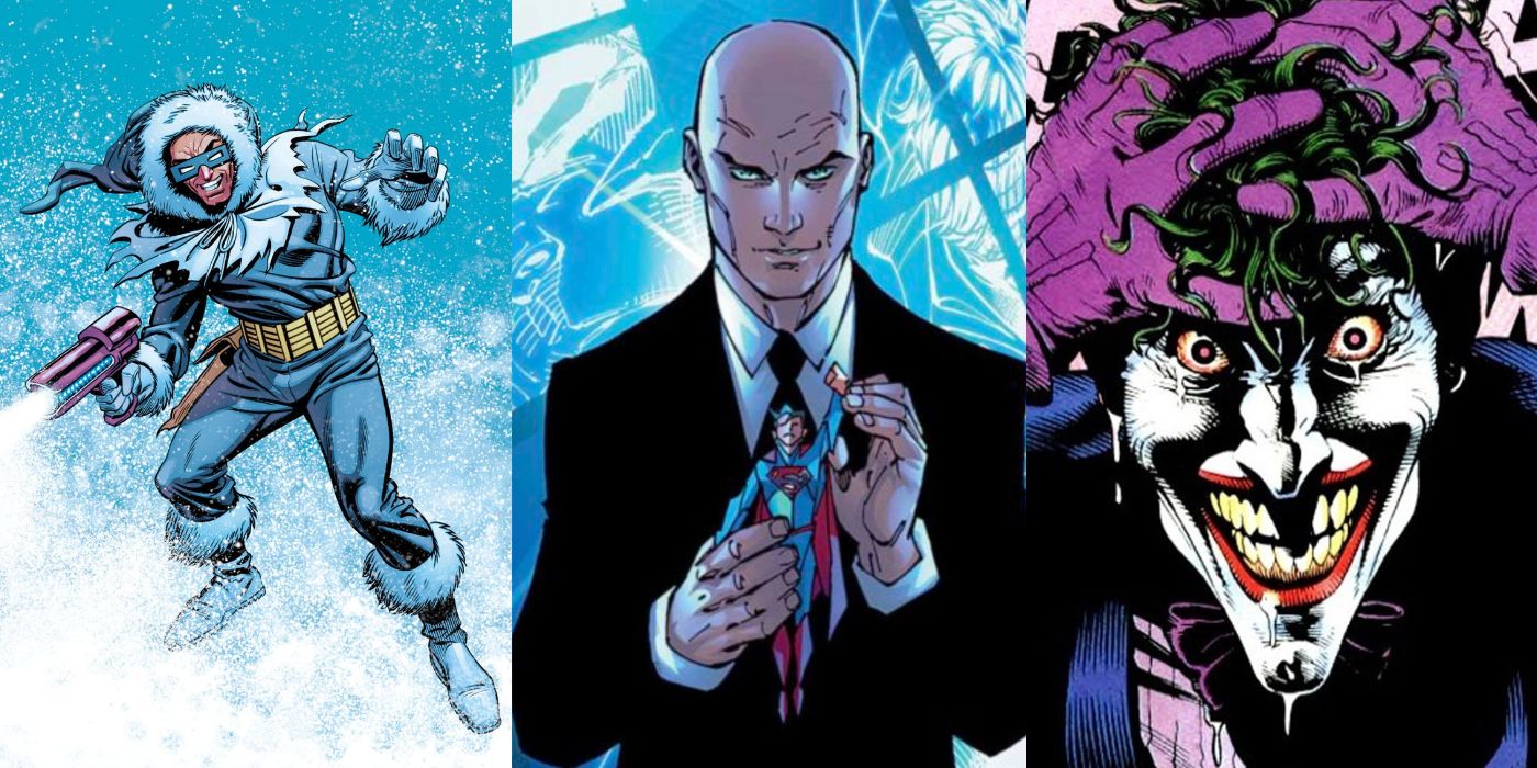 A split image of Captain Cold, Lex Luthor, and the Joker from DC Comics