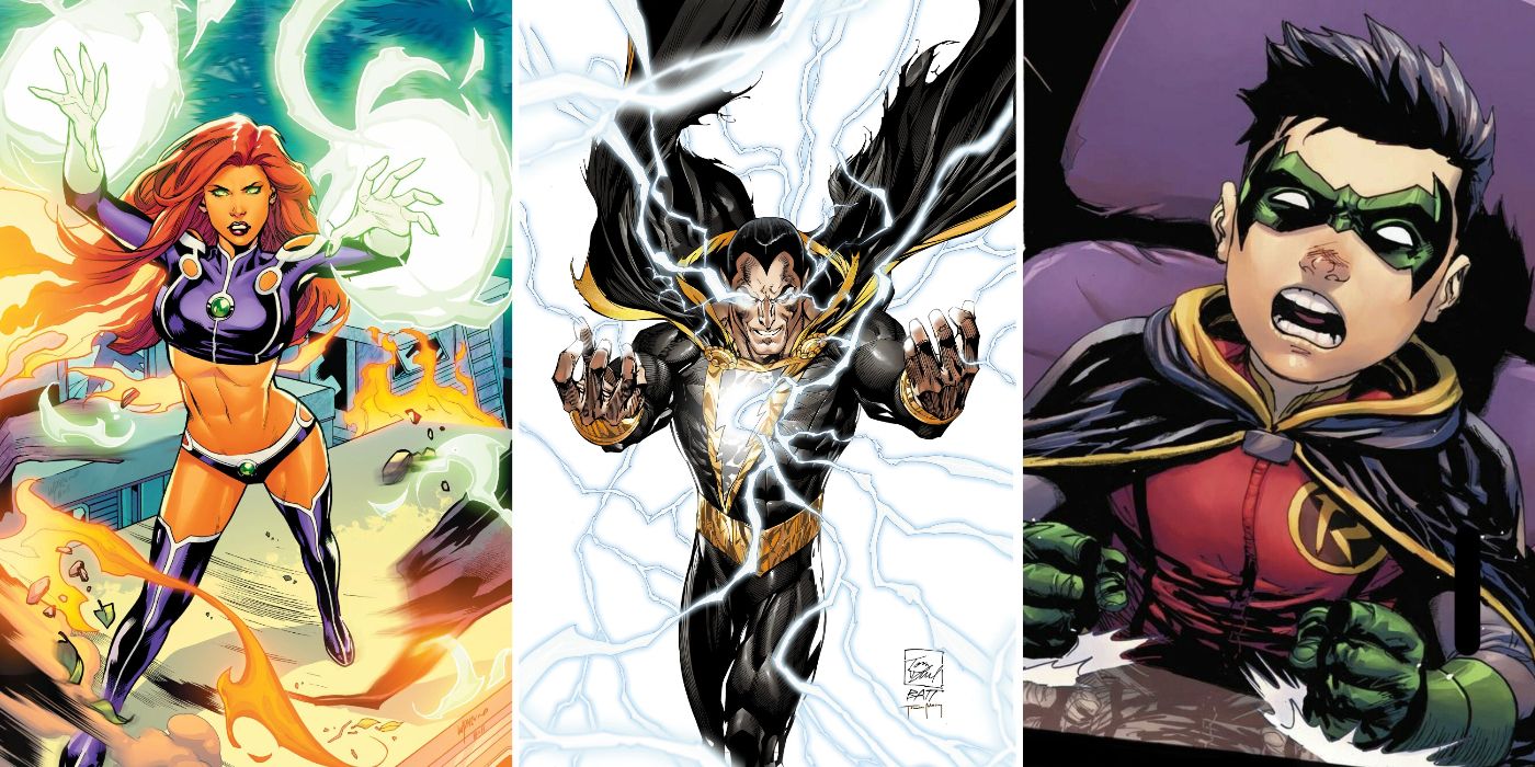 A split image of Starfire, Black Adam, and Damian Wayne from DC Comics