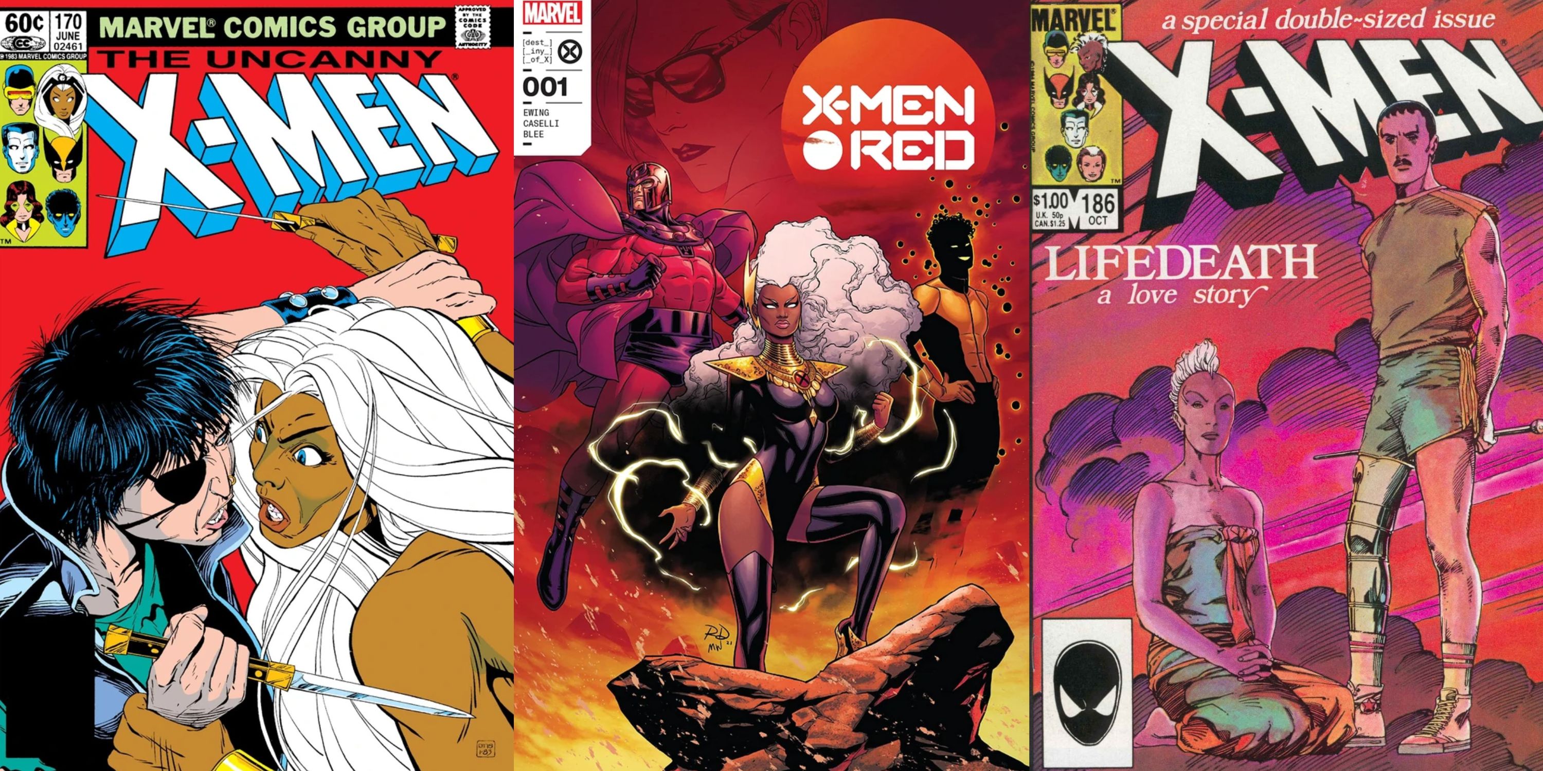 split image of Storm on the covers to Uncanny X-Men #170, X-Men Red Vol. 2 #1, and Uncanny X-Men #185
