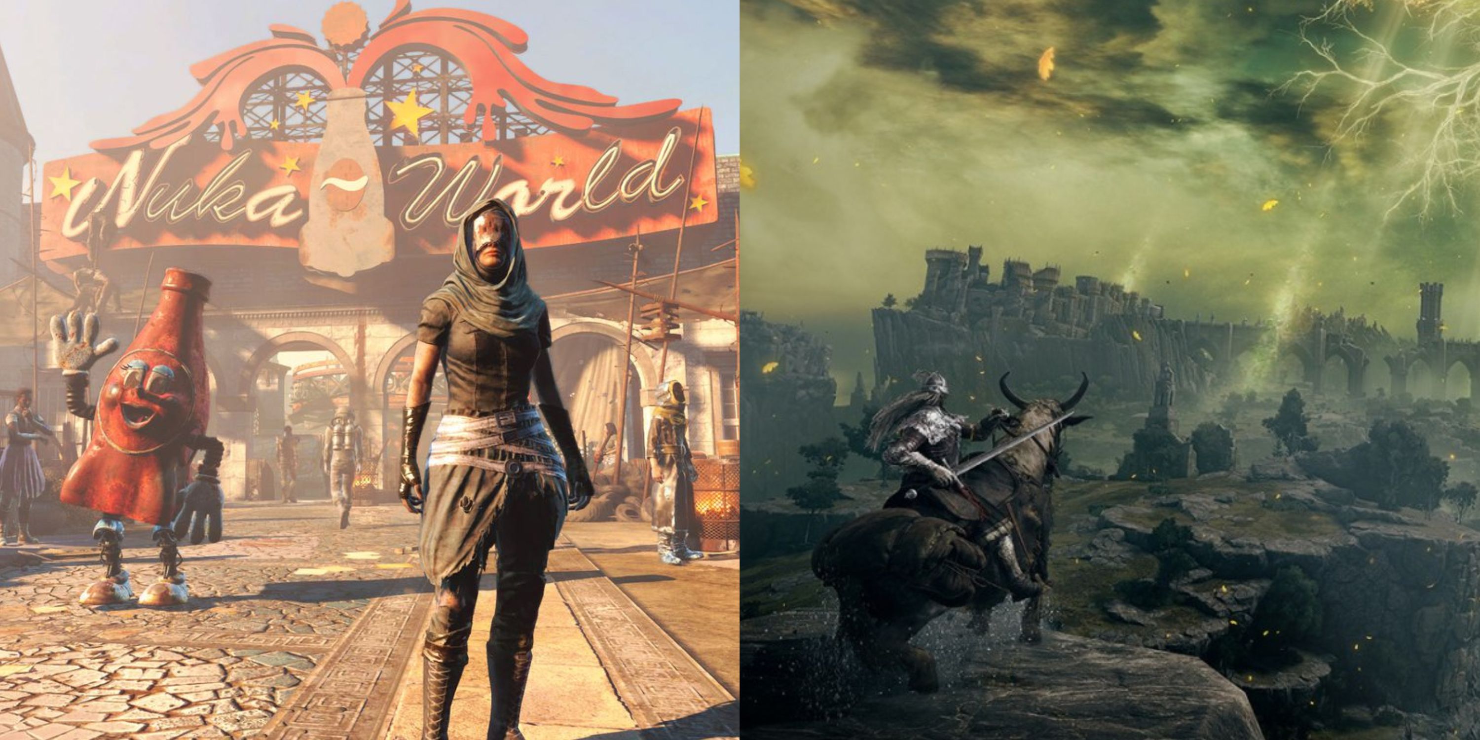 A wanderer standing in front of Fallout 4's Nuka-World DLC area (L) and a Tarnished atop their steed, Torrent, overlooking Elden Ring's Lands Between (R)
