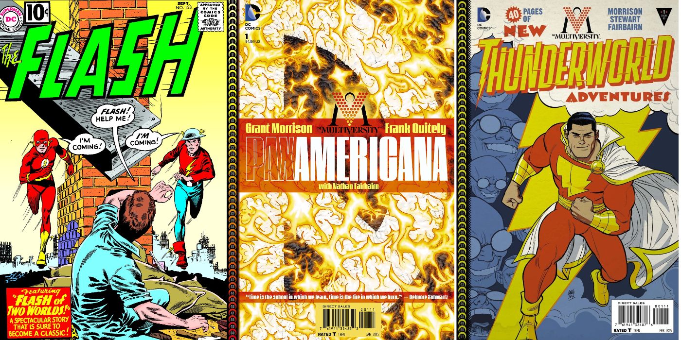 A split image of the covers to The Flash #123, The Multiversity: Pax Americana, and The Multiversity Thunderworld Adventures from DC Comics