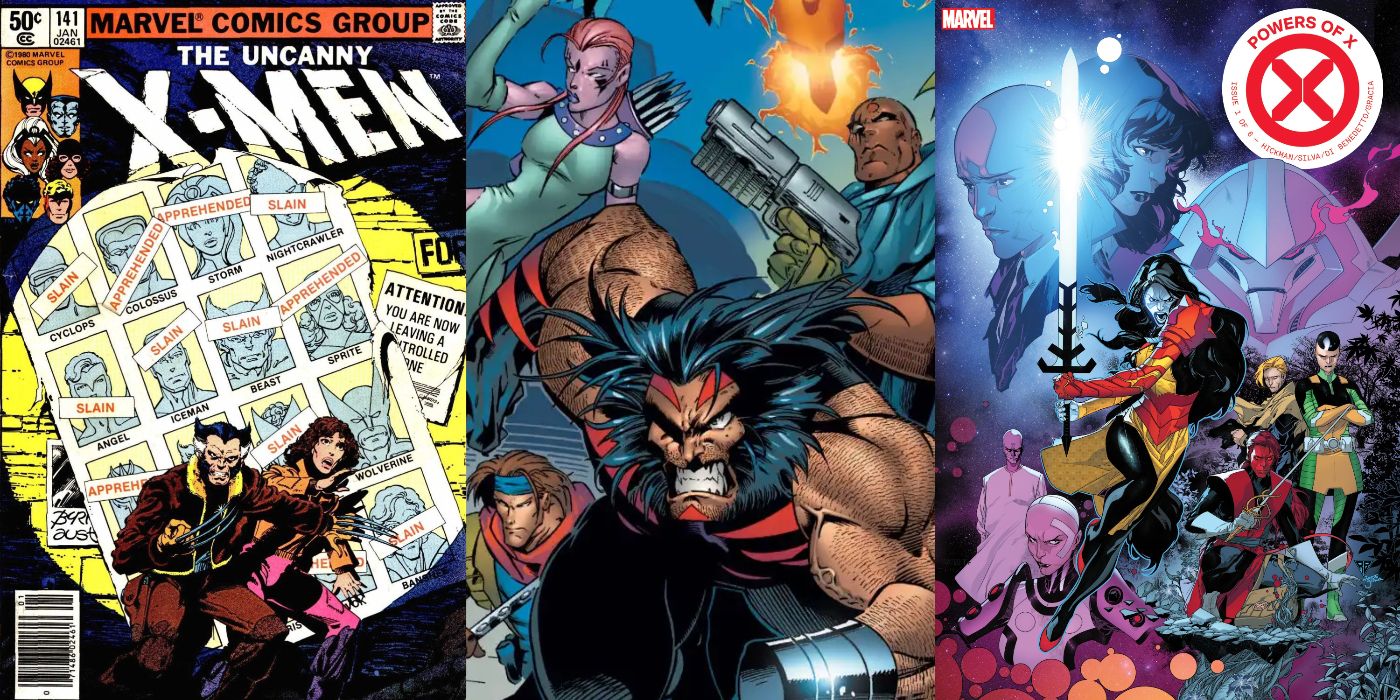 A split image of Uncanny X-Men: Days of Future Past, Age Of Apocalypse, and Powers Of X from Marvel Comics