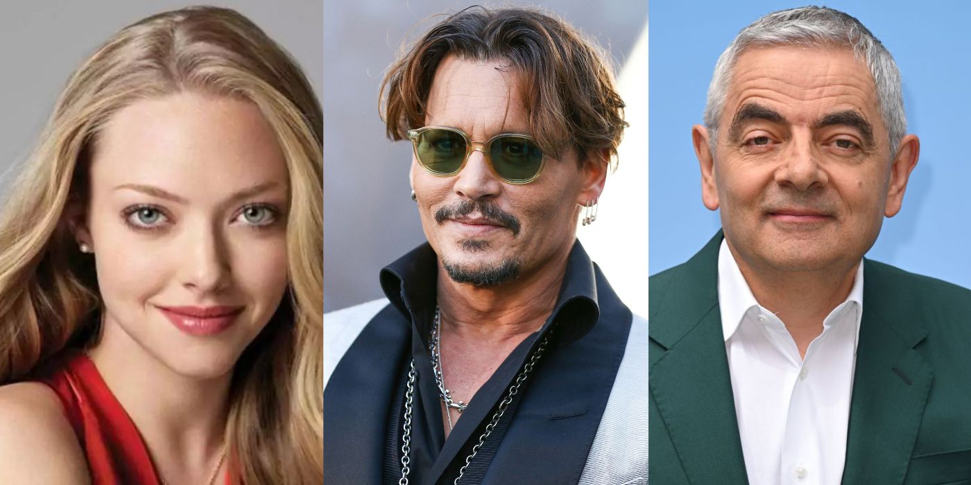 Amanda Seyfried smiles in front of a grey background, Johnny Depp dons a pair of sunglasses, and Rowan Atkinson gives a slight smirk in front of a blue background.