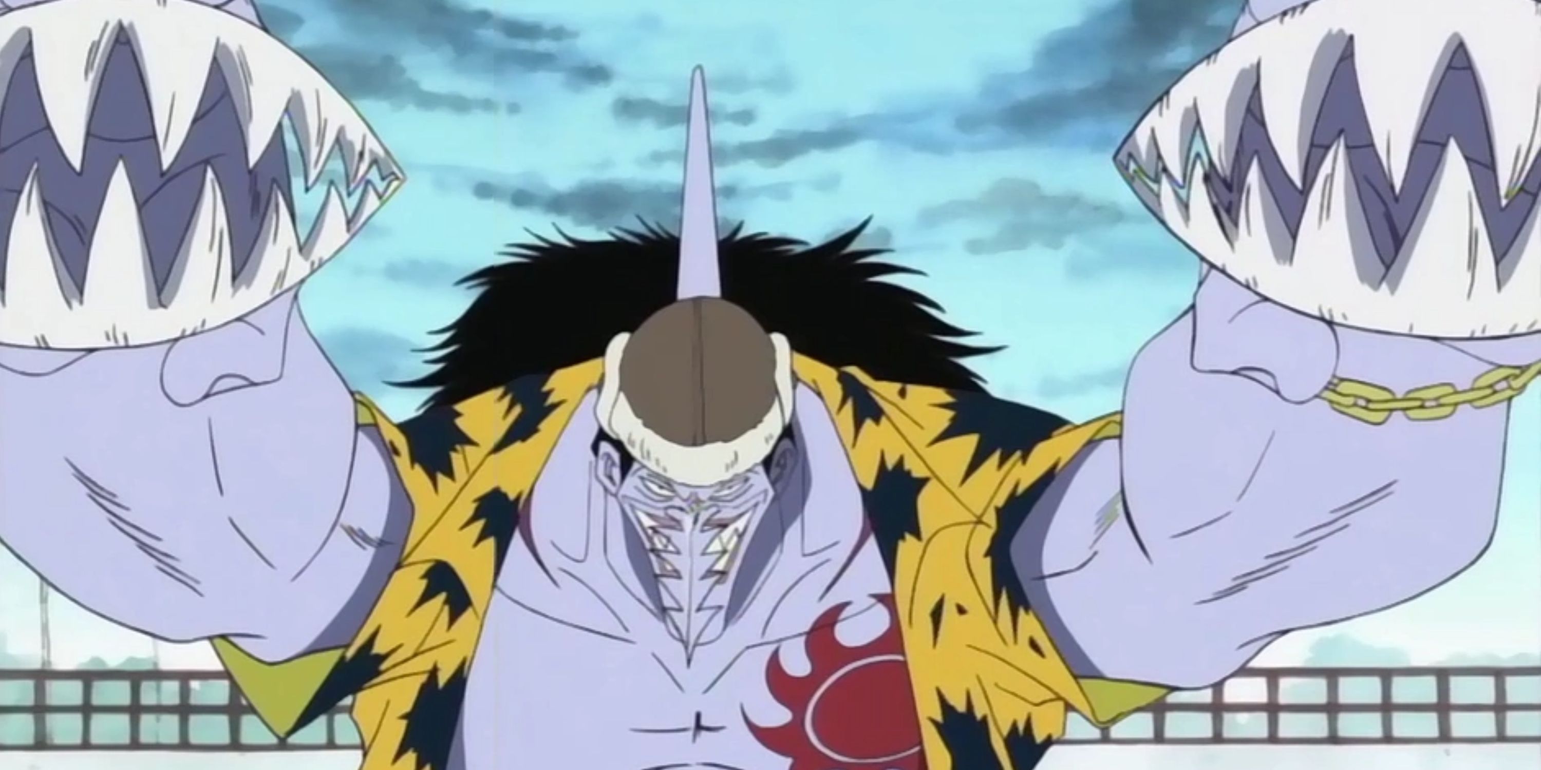 Arlong wields his teeth during his fight against Monkey D. Luffy in One Piece.