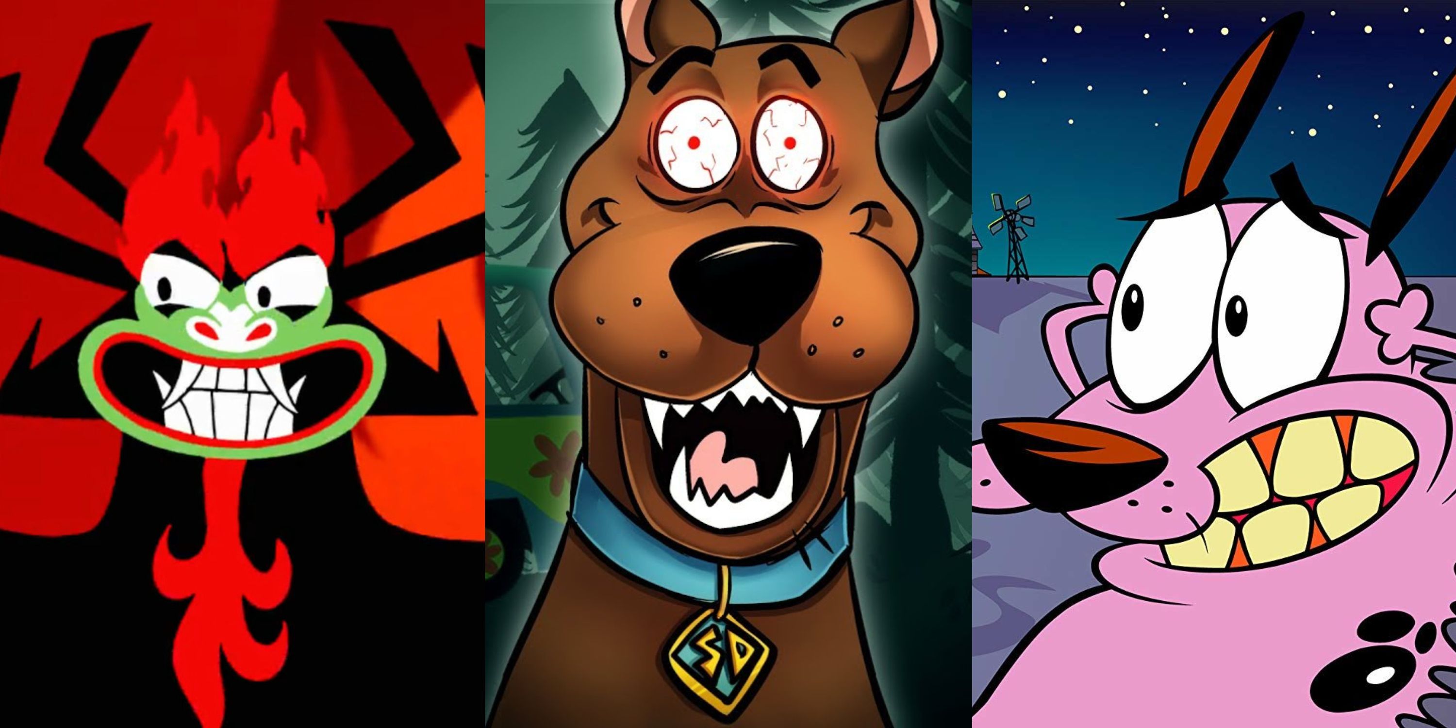 Split image of Aku Samurai Jack, Scooby Doo and Courage the Cowardly dog