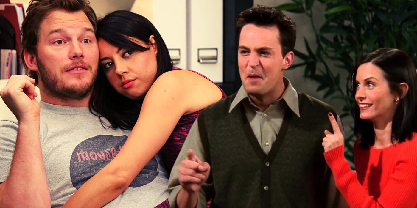 Collage of April and Andy in Parks and Recreation and Chandler and Monica in Friends