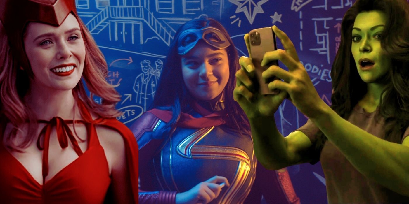 Collage of Wanda in WandaVision, Kamala in Ms Marvel, and She-Hulk.