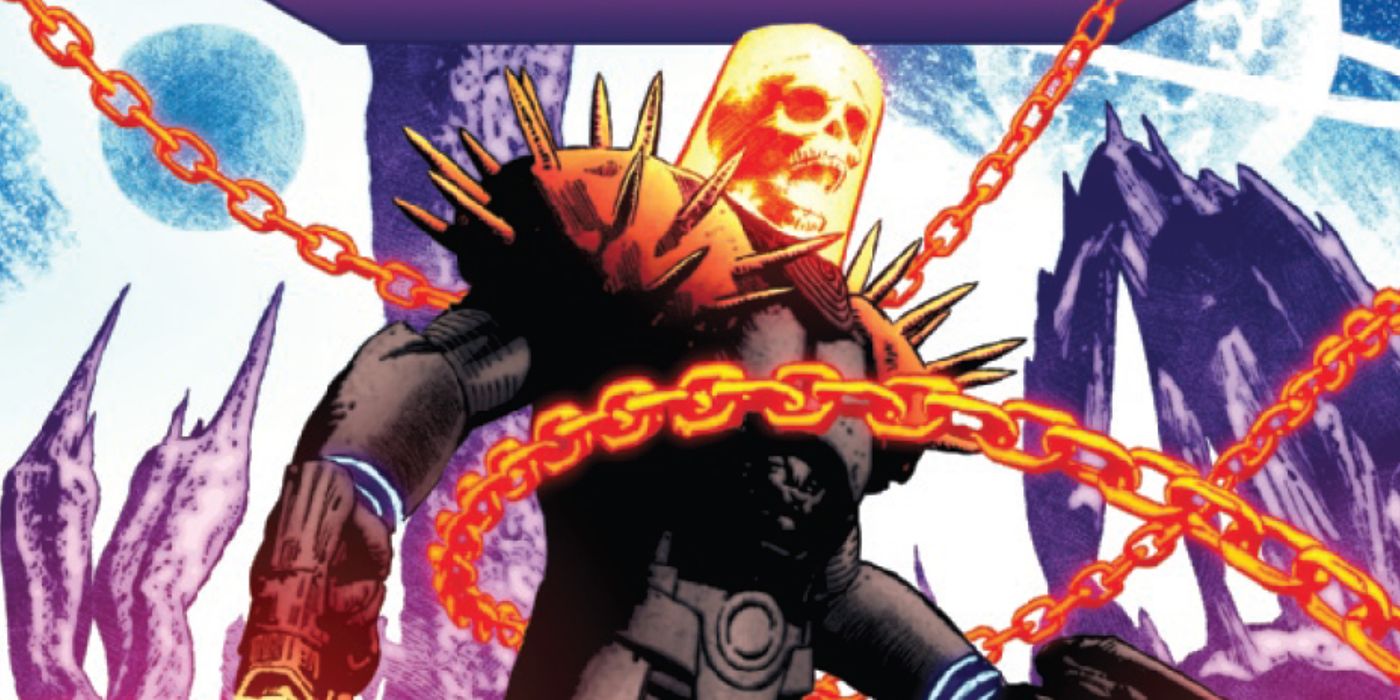 Cosmic Ghost Rider using his hellfire chains on an alien planet