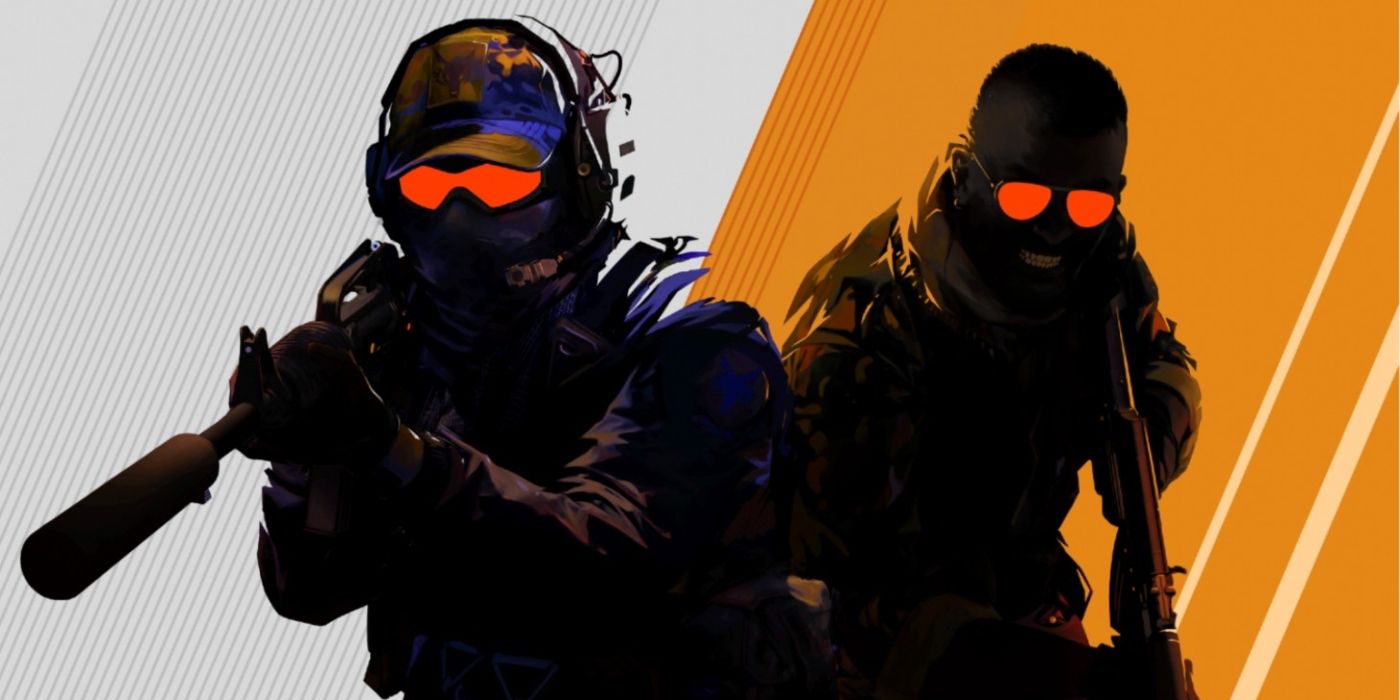 Counter-Strike 2 art featuring two armed figured in silhouette on an orange and white background