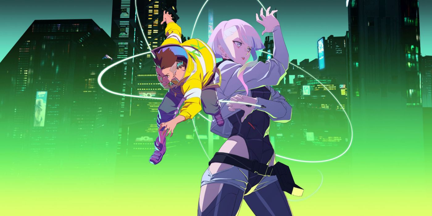Cyberpunk: Edgerunner's key art featuring Lucy and David in action poses.
