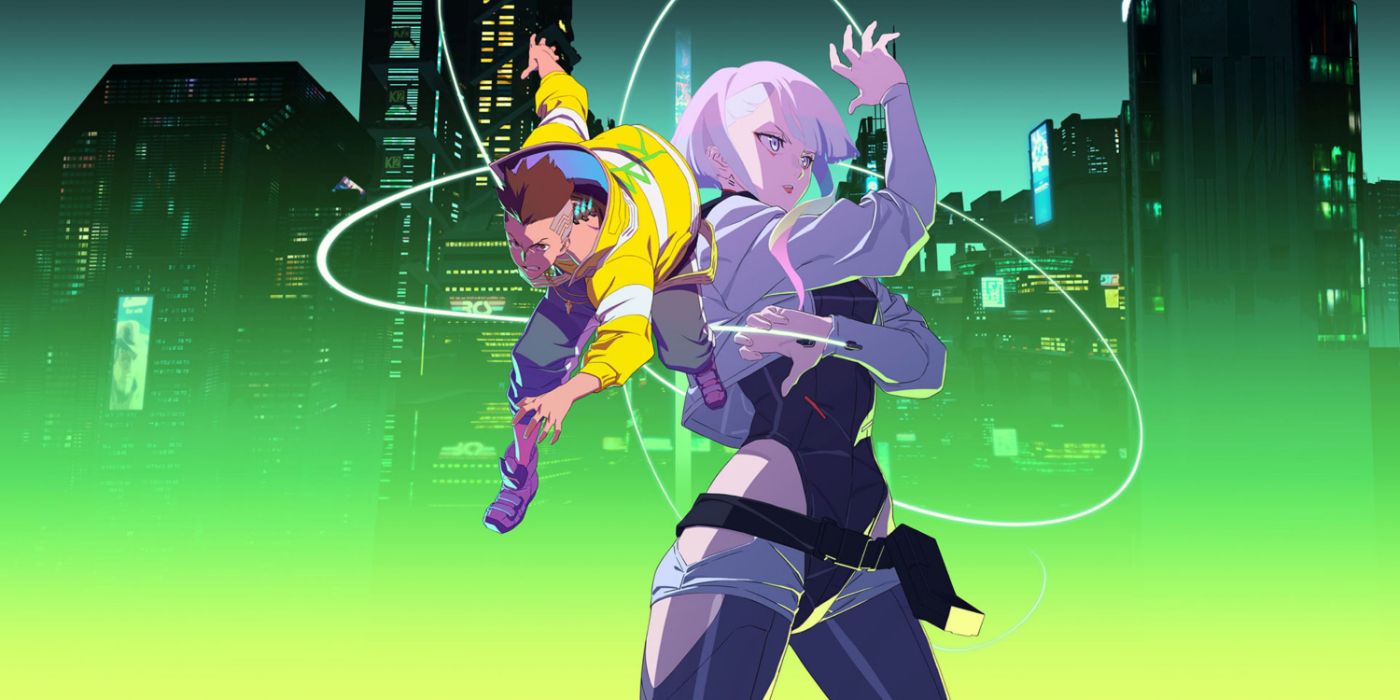 Cyberpunk : Art Clé D'Edgerunners Mettant En Vedette Lucy Et David Dans Des Poses D'Action.