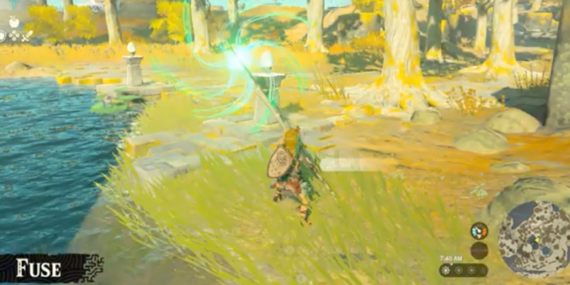 Link using Fuse on two weapons in Tears of the Kingdom