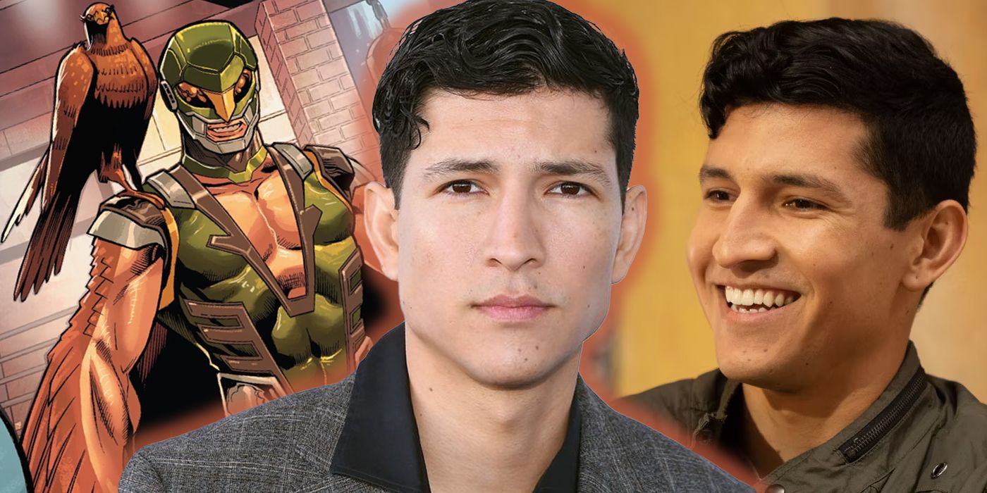 Danny Ramirez in front of images of Marvel's Falcon/Joaquín Torres in comics and live-action.
