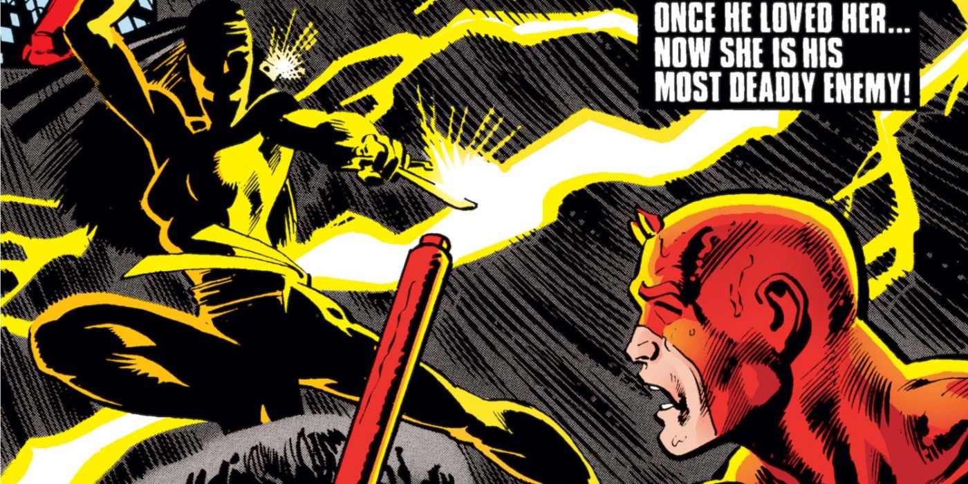 A stunned Daredevil looking back at the silhouette of Elektra as lightning strikes.