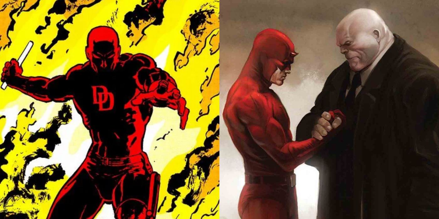 Split image of Daredevil and DD and Kingpin joining forces in Marvel Comics