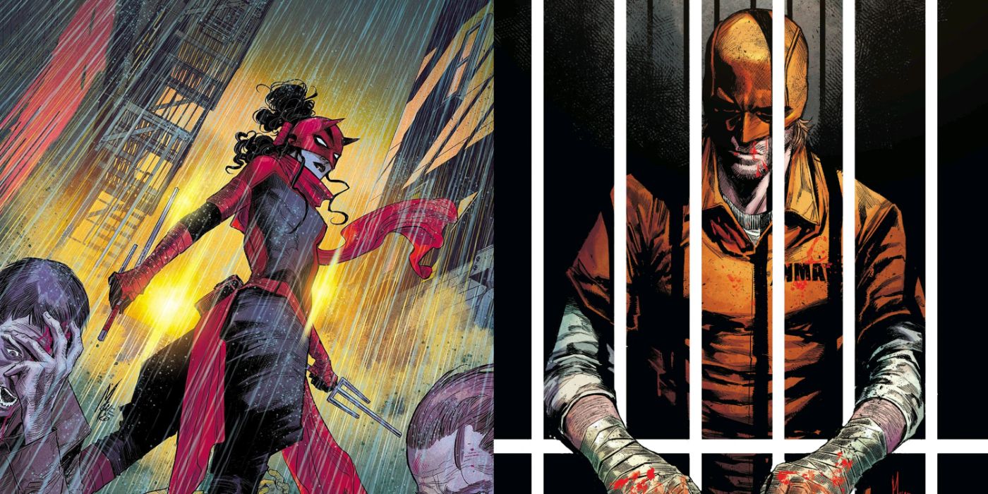 Split image of Elektra as Daredevil and Matt behind bars in Doing Time.
