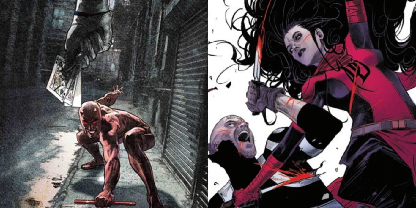 Split image of Daredevil crouching in an alley, fighting Bullseye, and Bullseye battling Elektra up close.
