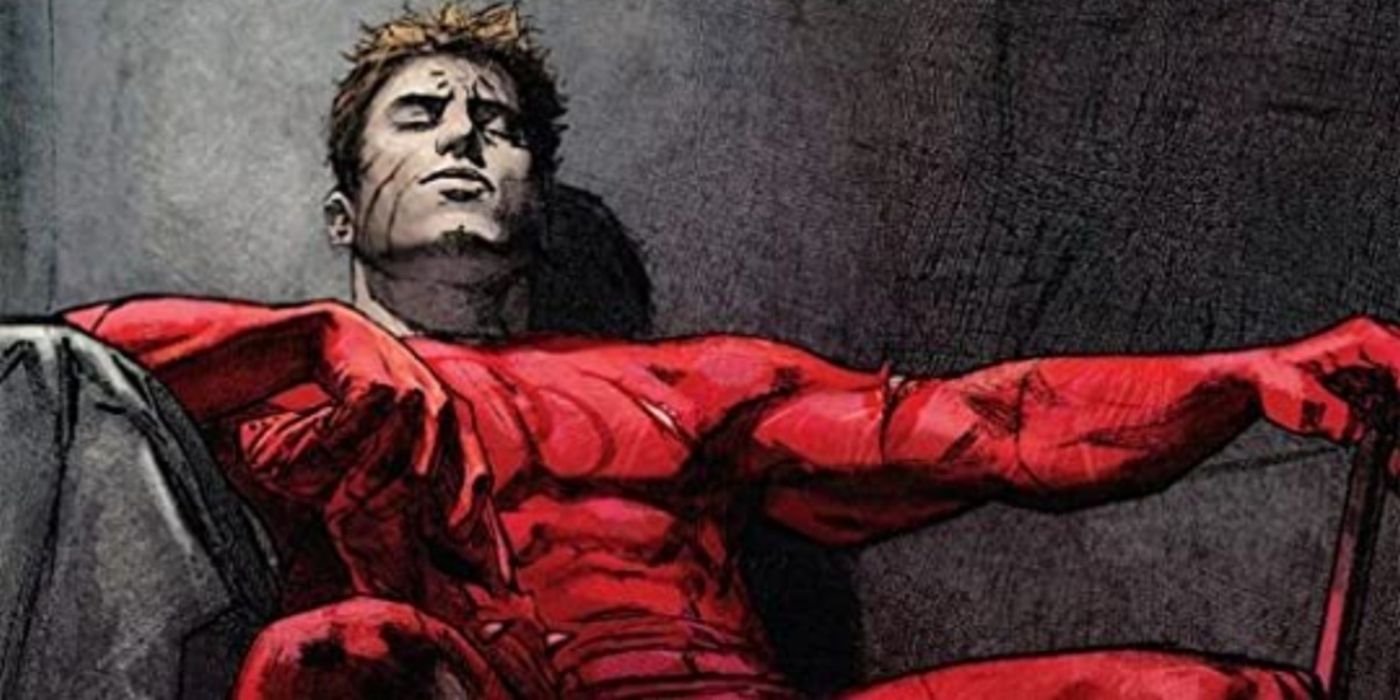Battle-scarred Daredevil sitting, maskless, with his eyes closed in Marvel Comics