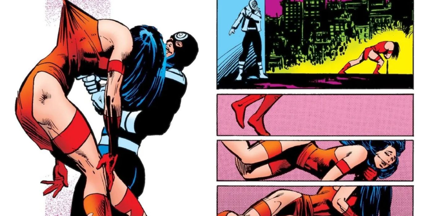 Bullseye killing Elektra in Daredevil #181 Last Hand.