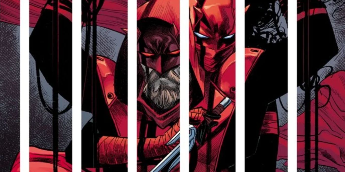 Both Matt Murdock and Elektra Natchios as Daredevil behind bars in cover art.
