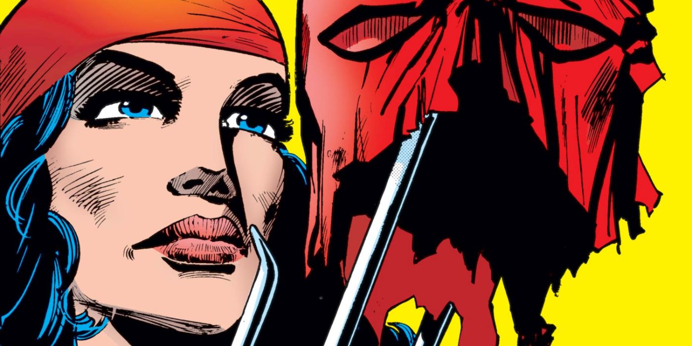 Elektra holding up Daredevil's torn mask on her sai in Spiked.