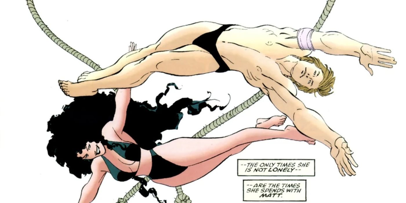 Elektra and Matt doing acrobatics together in The Man Without Fear.