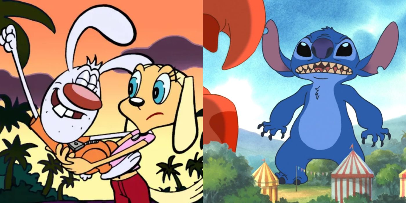 Brandy holding Mr. Whiskers in her arms in Brandy & Mr. Whiskers and a giant Stitch in Lilo & Stitch: The Series. 