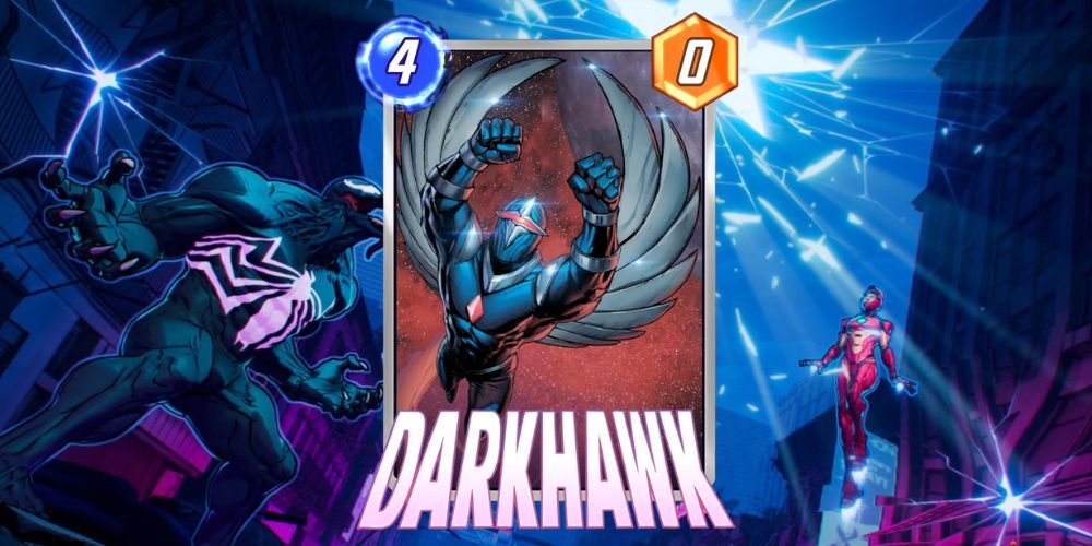 Carta Darkhawk Marvel Snap com fundo Marvel Snap.