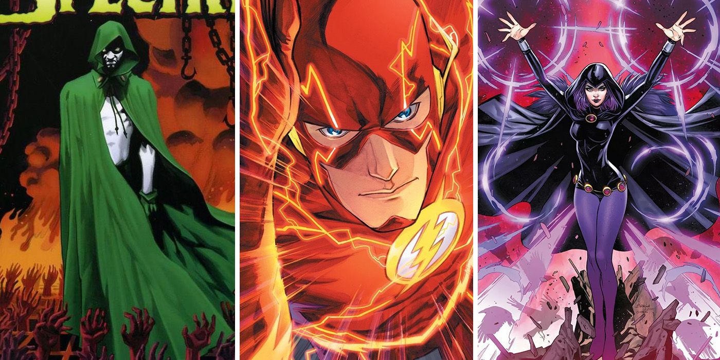split image of Spectre raising the dead, Flash using the Speed Force, and Raven casting a demonic spell