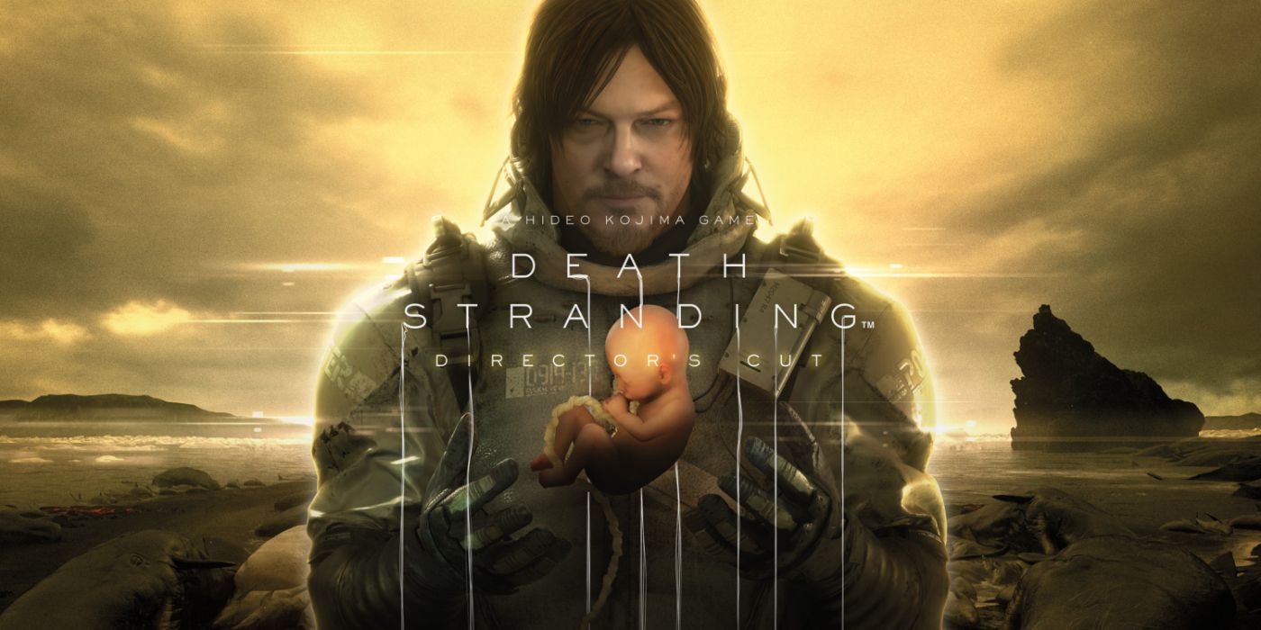 Death Stranding Director's Cut key art apresentando Sam Bridges segurando BB.